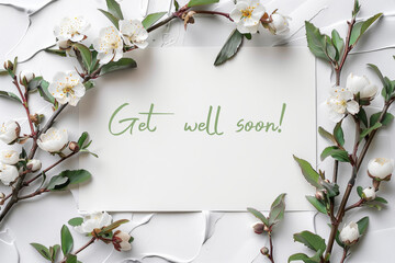 Get Well Soon Card Surrounded by Spring Blooms on White Background