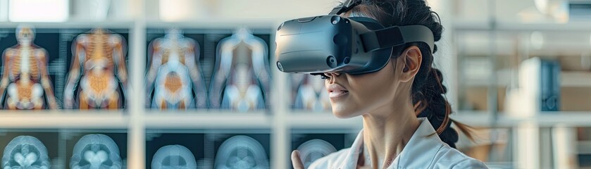Scientist analyzing human anatomy using augmented reality headset - obrazy, fototapety, plakaty