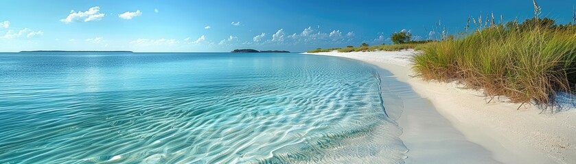 Serene tropical beach with crystal-clear water, white sand, and dune grass