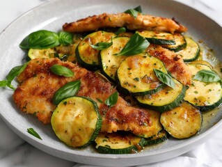 Chicken cutlet with zucchini! It's a delightful and nutritious dish featuring tender chicken cutlets served with sautÃ©ed zucchini. Let's enjoy this flavorful and wholesome meal together! 