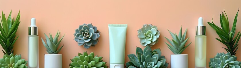 Skincare products arranged neatly with plants on pastel background