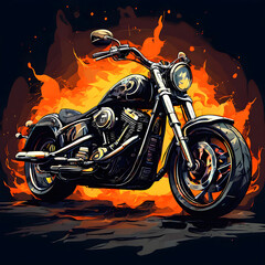 A large, black, chopper-style motorcycle in the fire.