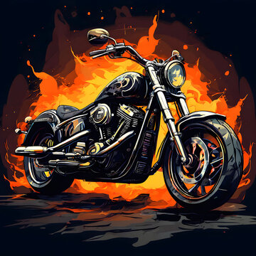 A large, black, chopper-style motorcycle in the fire.
