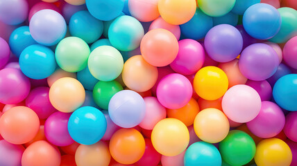 Many colorful bright soft balls background for kids playroom. Popular balloon zones in playgrounds. Children’s rainbow background