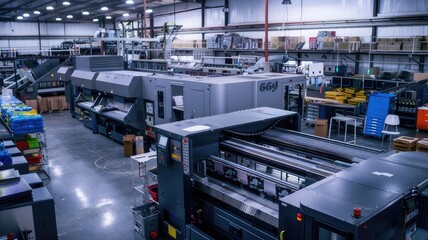 Technological Symphony Big Digital Printing Company's Production Floor Alive with Large Print Machines Crafting Intricate Packaging Designs
