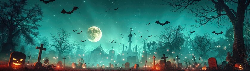 Spooky Halloween graveyard with bats and a full moon