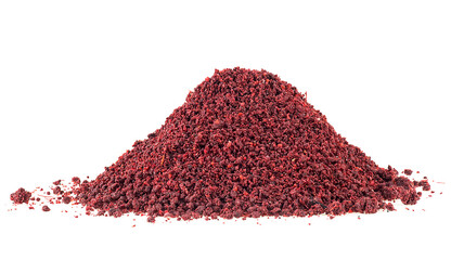 Pile of sumac spice isolated on a white background. Ground sumac spice powder.