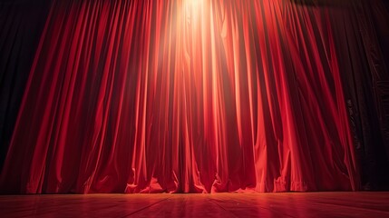 Spotlight illuminates a maroon red curtain on a theater stage, setting a dramatic art performance scene