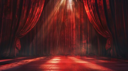 Spotlight illuminates a maroon red curtain on a theater stage, setting a dramatic art performance scene - obrazy, fototapety, plakaty