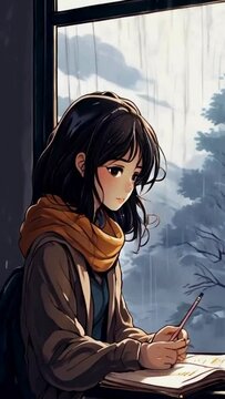 Anime girl is contemplating with a sad face near the window. for lofi background music. Seamless looping video background animation, 2D flat anime-style