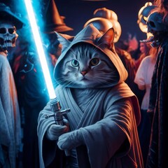 Funny cat in Jedi clothes and with a lightsaber, Halloween background, cute pet for background, poster, print, design card, banner, flyer - obrazy, fototapety, plakaty
