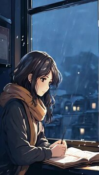 Anime girl is contemplating with a sad face near the window. for lofi background music. Seamless looping video background animation, 2D flat anime-style