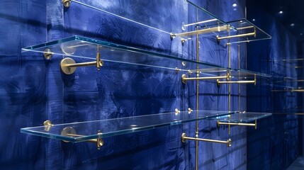 An upscale boutique with empty, elegant glass shelves, mounted on polished brass brackets. The wall behind is a deep, royal blue with a velvety texture