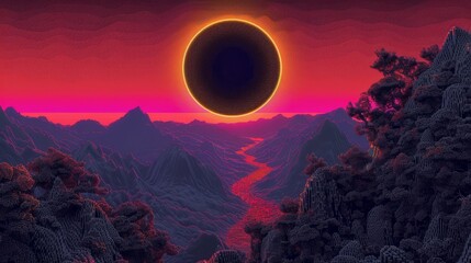 solar eclipse over appalachian landscape, lovecraftian, worrying bizarreness, paranoia