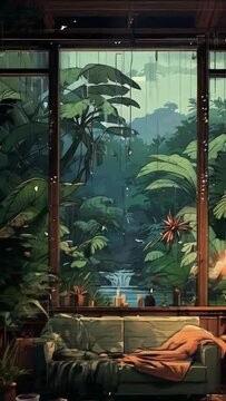 Cozy living room rainy atmospheric forest lo-fi, zoom background screen, anime chill hip hop aesthetic environment, anime, hand-drawn, Japanese 2D anime style animation