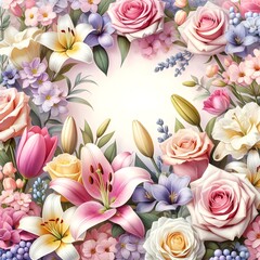 Spring Flowers background in pastel colors suitable for Mothers day or Women's day.