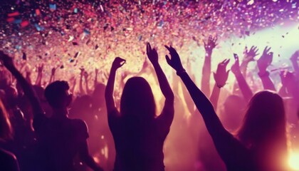 'festival hands dancefloor generated lively people. dancing AI confetti event Festive Music...