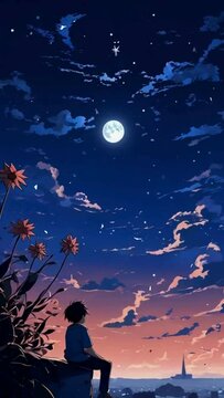 Boy sitting on a hill enjoying the clear sky at night with a bright moon and stars. Animated looping background, Japanese Anime-style Music Video Background