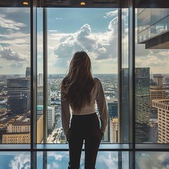 Confident female entrepreneur standing in a high-rise office building, overlooking the cityscape, symbolizing leadership and success in business.