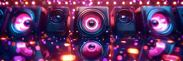 Music party poster template in neon colors. Music speaker with RGB backlight. Robotic sound system on background of digital lights. Background of disco musical banner.