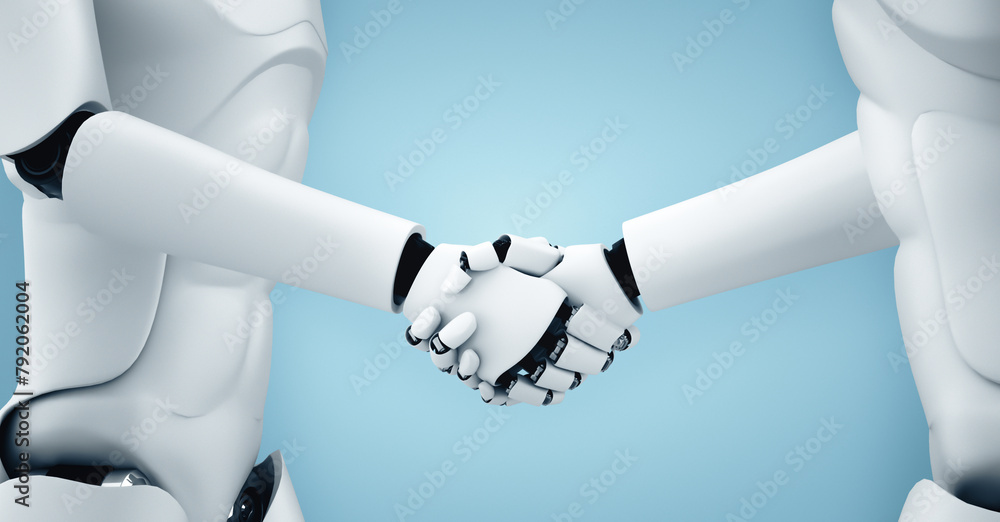 Poster mlb 3d illustration humanoid robot handshake to collaborate future technology development by ai thin