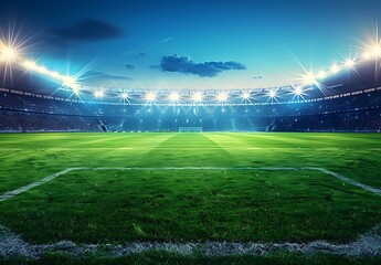 Soccer stadium background, night time, lights shining on the grass field and stands filled with fans