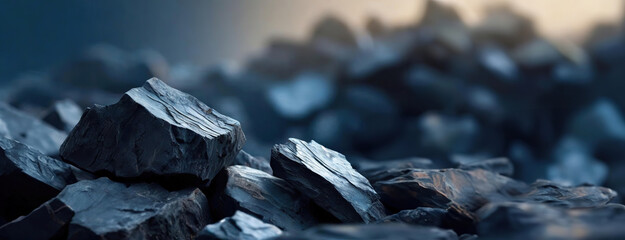 Coal chunks are piled in a heap, displaying varying shades of black and gray under a subdued light, capturing the raw texture and potential energy within.