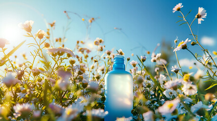 A plastic bottle of perfume rests among daisies in a field under an azure sky