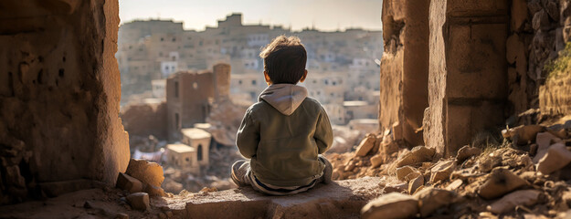 Young boy contemplates the ancient cityscape from a historic perch. Pensive child overlooks the urban expanse, engrossed in thought. Panorama with copy space.