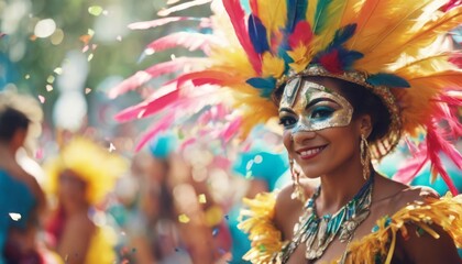 'confetti Beautiful festival portrait. dancer folk close feathers Brazilian costumes carnival...