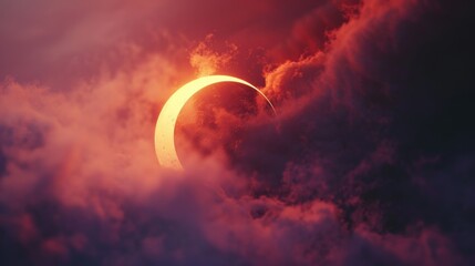 Obraz na płótnie Canvas Majestic Red Solar Eclipse Amidst Fluffy Clouds at Dusk