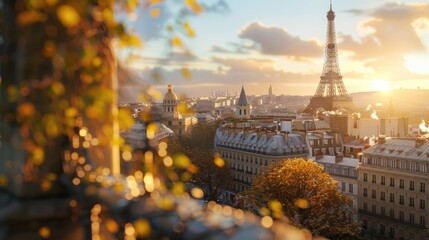 Autumn Sunset Over Paris Skyline Featuring The Eiffel Tower - Powered by Adobe
