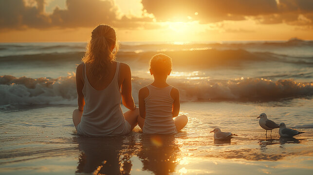 8. Seaside Serenity: A secluded cove provides the perfect setting for a mother and child to practice yoga on the sandy shore, with seagulls soaring overhead and gentle waves lappin