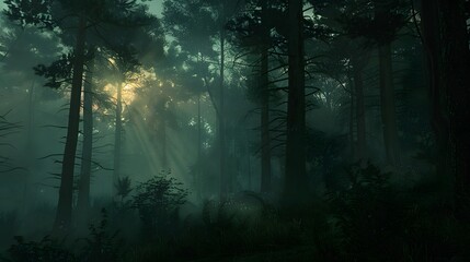 A captivating view of a dense forest shrouded in darkness, with the last remnants of daylight...