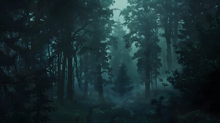 A captivating view of a dense forest shrouded in darkness, with the last remnants of daylight fading behind the silhouette of towering trees, evoking a sense of mystery  - 792062853