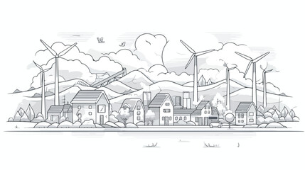 Monochrome vector line art illustration of eco city