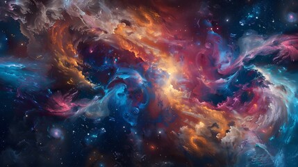 A celestial collision of galaxies rendered in digital abstraction, blending cosmic colors in a...