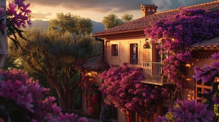 A Mediterranean villa bathed in the soft glow of dawn, its terracotta roof tiles kissed by the...
