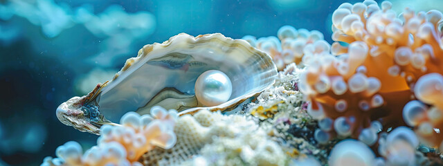 A pearl oyster at the bottom of the ocean - obrazy, fototapety, plakaty