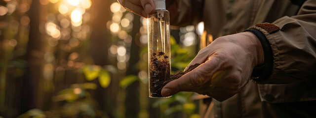 male scientist holding a test tube with soil