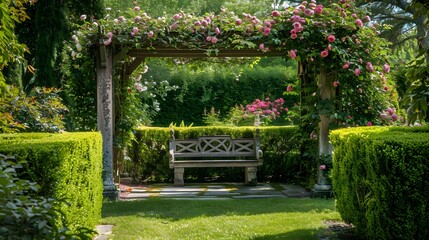 A charming English garden with manicured hedges, a rose-covered arbor, and a picturesque stone bench tucked away in a shady alcove.