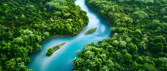 Gardinen the natural beauty of a lush green forest. From an aerial perspective, we see a vibrant blue river winding its way through the dense foliage © DigitaArt.Creative
