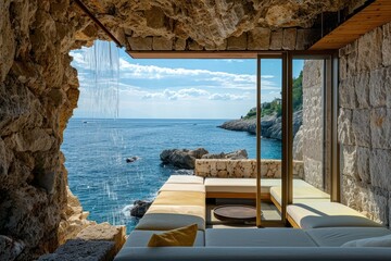 A living room of a villa shaped like blocks of limestone rock along the cliff facing the sea, with waterfalls from the roof - Powered by Adobe