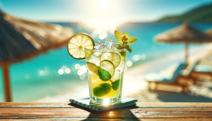 Glass of Mojito With Lime and Mint on Wooden Table