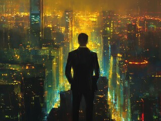 A man is standing on a rooftop in a city at night. The city is lit up with neon lights and the man is wearing a suit. Scene is one of loneliness and isolation - obrazy, fototapety, plakaty