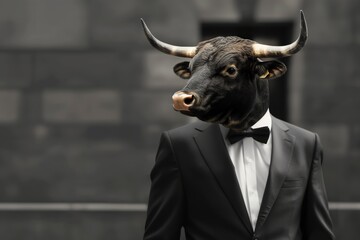 Bull businessman in a stylish classic suit posing in Wall Street , animal boss in human body, entrepreneur anthropomorphic, business concept