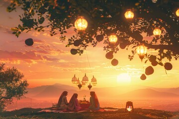 Golden sunset over rural landscape with women sharing a festive moment under a tree adorned with lanterns