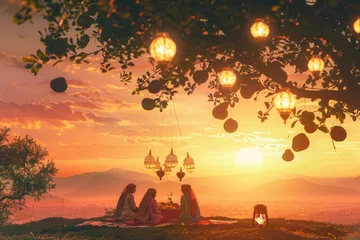 Zelfklevend Fotobehang Golden sunset over rural landscape with women sharing a festive moment under a tree adorned with lanterns © P