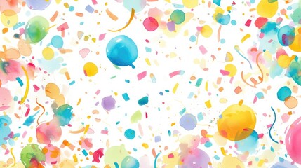 Fototapeta na wymiar Celebrate with a burst of watercolor confetti splattered across a crisp white backdrop These rainbow hued dots are perfect for adding a festive touch to your birthday party decorations Each 