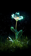 Glowing flowers growing on the grass under the starry sky at night